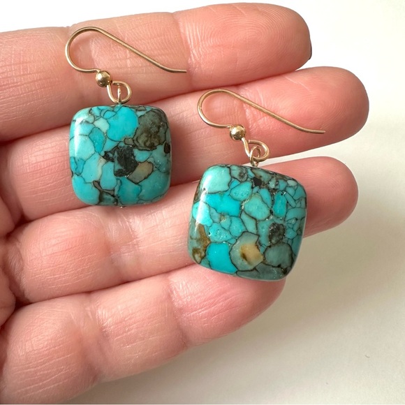 Square Mosaic Turquoise Drop Earrings Gold Filled French Hooks - Picture 2 of 5